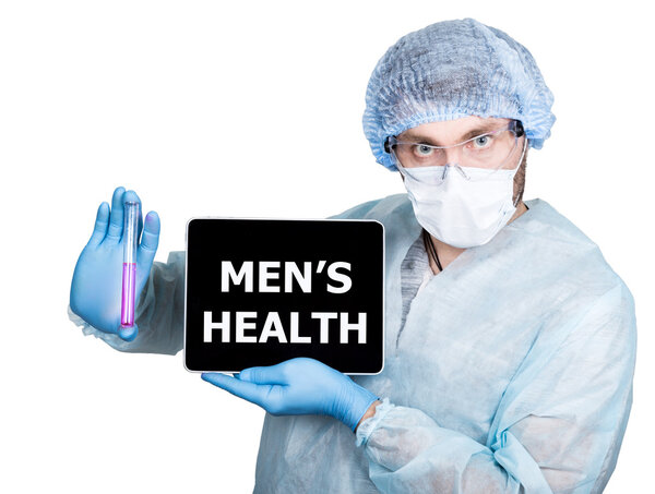 Врач в хирургической форме, держит пробирку и цифровой планшет с человеческим знаком здоровья. интернет-технологии и сети в медицине концепции. Изолированные на белом
