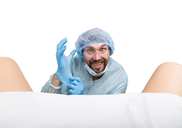 Crazy gynecologist examines a patient. mad doctor expression different emotions and makes different hands signs — Stock Photo, Image