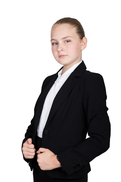 Kleine Geschäftsfrau. Studioporträt eines Mädchens im Business-Stil. Studio isoliert auf weißem Hintergrund. — Stockfoto