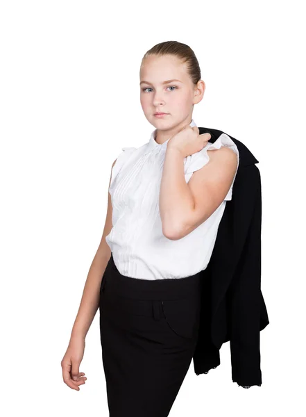 Little business woman. Studio portrait of child girl in business style. Studio isolated on a white background. — Stock Photo, Image