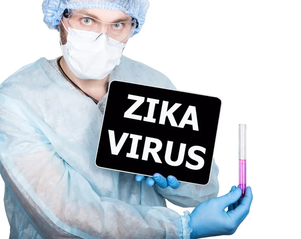 Professional medical doctor showing tablet pc and zica virus sign a display, isolated on white — Stock Photo, Image