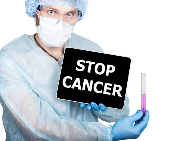 Professional medical doctor showing tablet pc and stop cancer sign a display, isolated on white — Stock Photo, Image