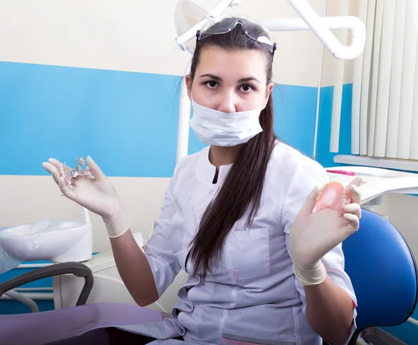 Beautiful asian young woman dentist holding dentures — Stock Photo, Image