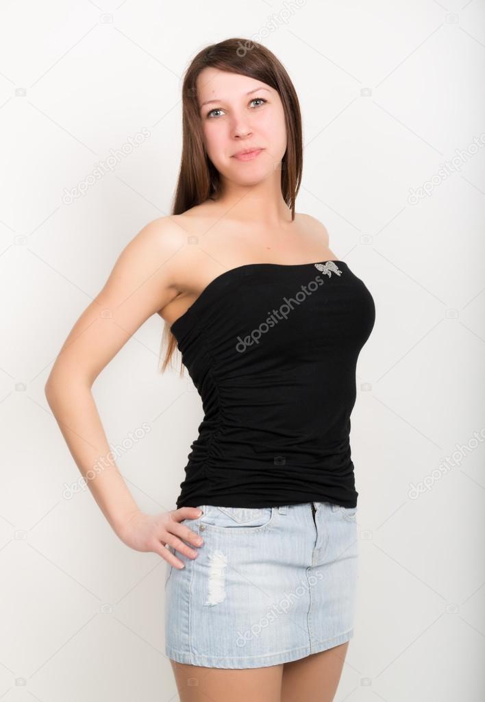 girl short jeans skirt