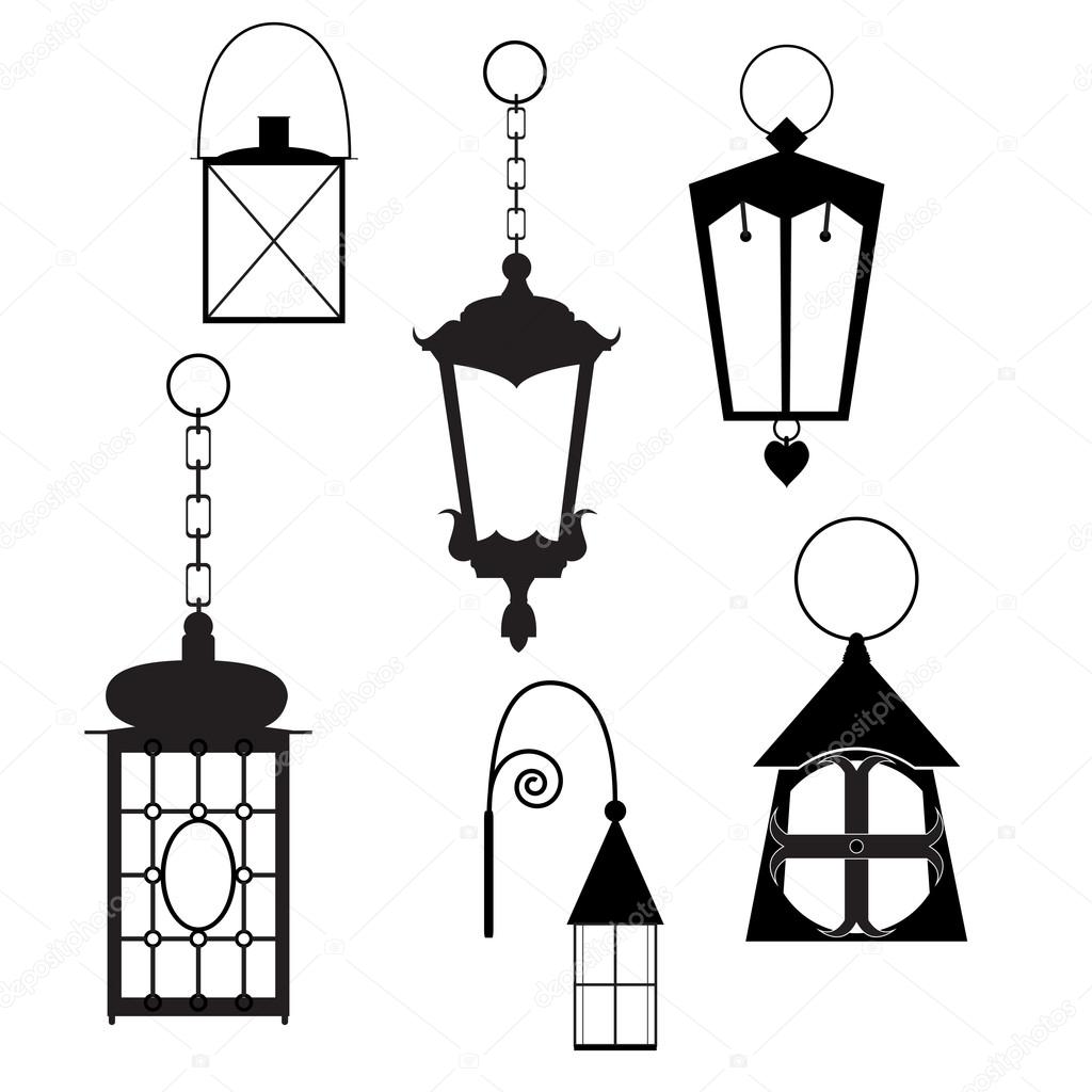 Six black silhouettes of outdoor lanterns
