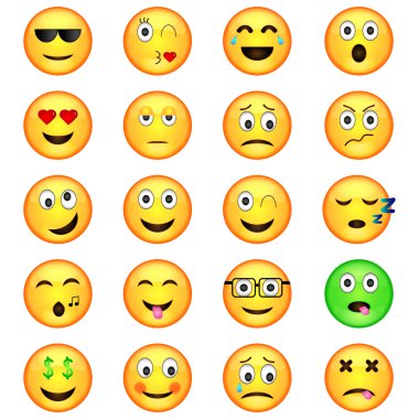 İfadeler kümesi. Emoji kümesi. Beyaz arka plan üzerinde izole vektör çizim