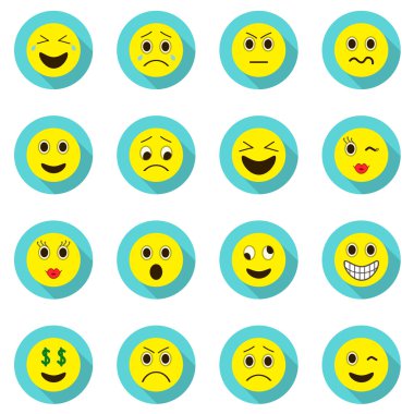 İfadeler kümesi. Emoji kümesi. Beyaz arka plan üzerinde vektör illüstrasyon izole. Emoji longshadow simgeler.