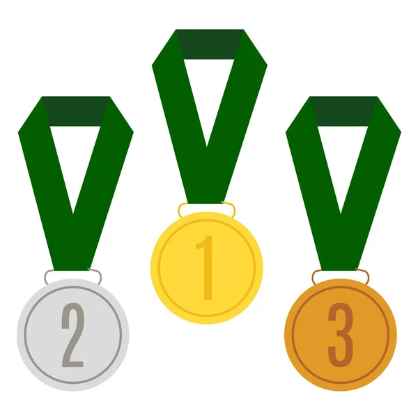 Tres medallas olímpicas en la ilustración del vector de cinta. Medallas olímpicas de oro, plata y bronce . — Archivo Imágenes Vectoriales