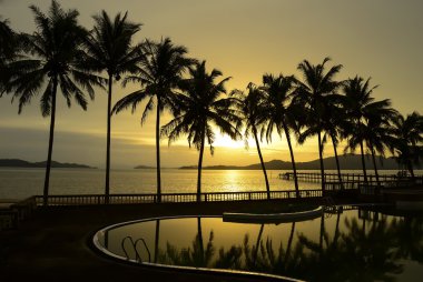 Paradise beach günbatımı veya gündoğumu tropikal palmiye ağaçları, Tayland ile