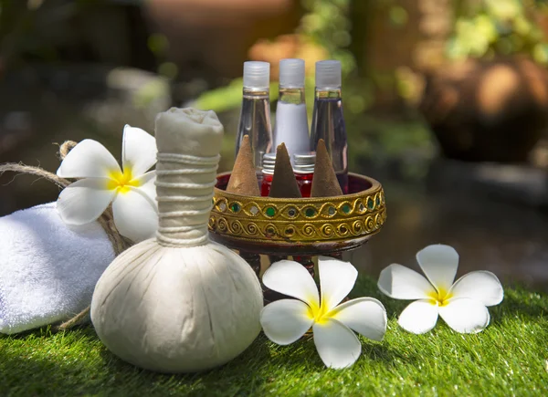 Spa massagem compressa bolas, bola de ervas com sal, açafrão e aroma, Tailândia, selecione o foco — Fotografia de Stock