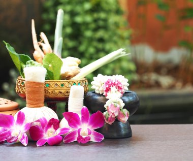 Top doğal Spa maddeler bitkisel sıkıştırmak ve alternatif tıp ve gevşeme Thai Spa bahis ile ipek kumaş, Tayland, Thailand, bitkisel maddeler odak seçin