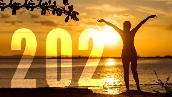 Feliz Año Nuevo 2021 Silhouette Mujer Estilo Vida Relajarse Libertad —  Fotos de Stock