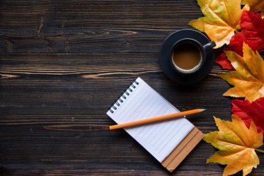 Kış sıcacık geçiyor. Bir fincan sıcak kahve ve kağıt üzerine not yazın ve güneşli bir günde mavi ahşap arka planda akçaağaç. Yaşam tarzı kavramı