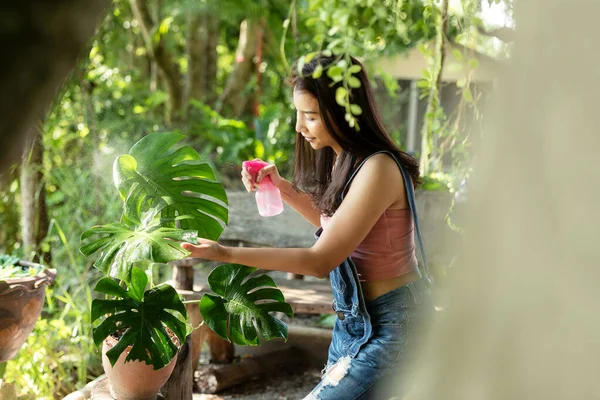 Mujer Joven Cuidado Planta Flor Jardín Gente Asiática Hobby Jardinería — Foto de Stock