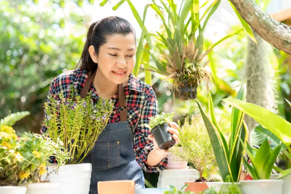 Mujer Asiática Cuidado Planta Flor Jardín Gente Hobby Jardinería Independiente —  Fotos de Stock