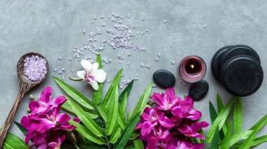 Tayland Spa 'sı. Masaj için hazırlanan sıcak taşların üst görüntüsü ve kopyalama alanı olan mor bir orkide ile rahatlamak. Siyah taşlı yeşil yaprak kaplıca terapisi için yığılıyor. Yaşam Tarzı Sağlık