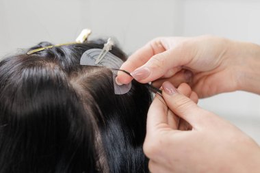 Eldivenli stilist tarağa bağlı ıslak iplikleri buduyor, ucu kesilirken temiz bir çizgi oluşturuyor, profesyonel bir kuaför saç kesimi tekniği..