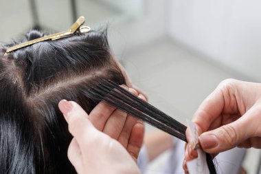 Eldivenli stilist tarağa bağlı ıslak iplikleri buduyor, ucu kesilirken temiz bir çizgi oluşturuyor, profesyonel bir kuaför saç kesimi tekniği..