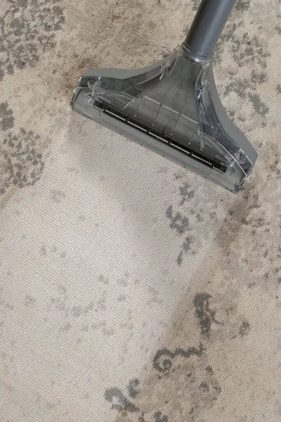 Geniş nozül, eski ev halısında kirli lifler ve taze yüzey arasındaki zıtlığı gösteriyor.