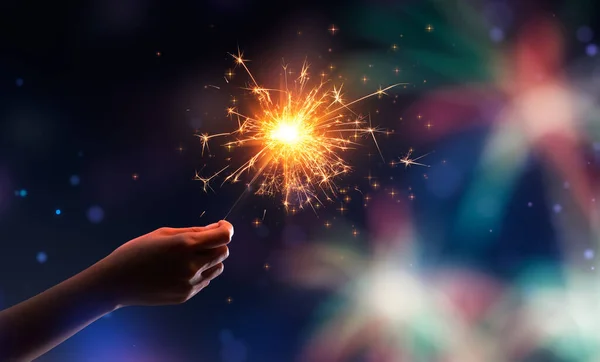 Hand Holding Burning Sparkler Fireworks Background — Stock Photo, Image