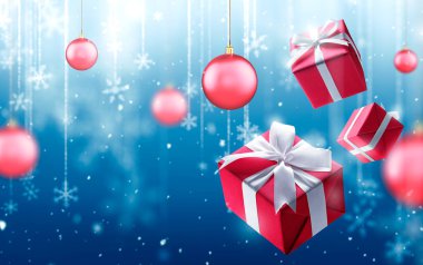 Noel hediyeleri ve düşmüş kar taneleri mavi arka planda