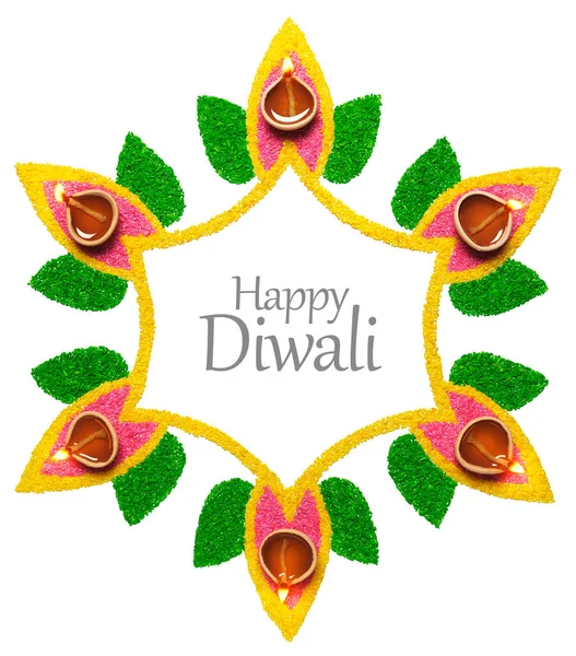 Glad Diwali Oljelampa Färgglada Rangoli Över Vit Bakgrund Med Kopia Stockbild