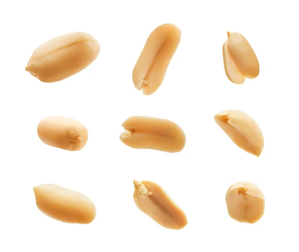 Conjunto Amendoins Descascados Isolados Sobre Fundo Branco Imagem De Stock