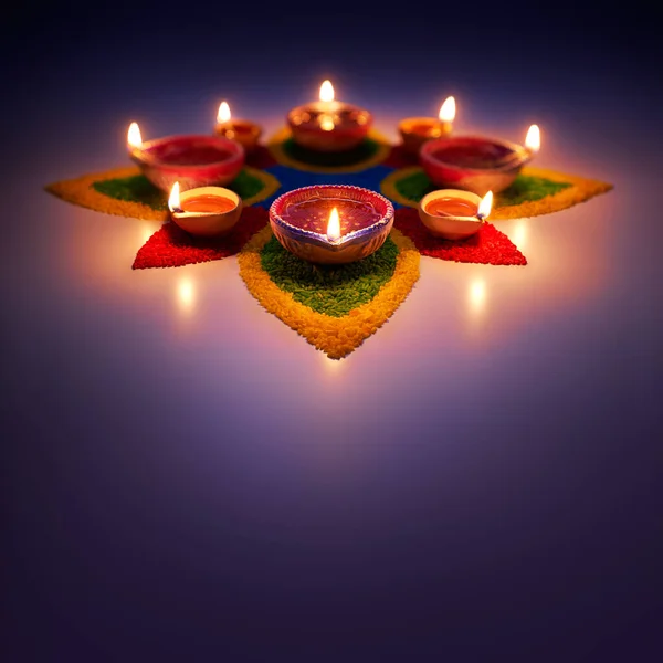 Happy Diwali Lâmpadas Óleo Brilhantes Rangoli Colorido — Fotografia de Stock