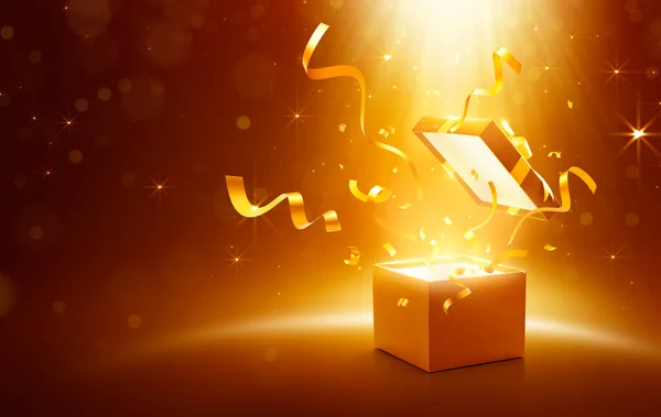 Linten Confetti Barsten Uit Goud Open Geschenkdoos Sprankelend Licht Effect — Stockfoto