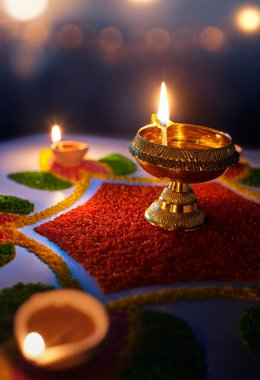 Mutlu Diwali, Diya lambaları bulanık bokeh ışık arka planına karşı renkli rangoli ışıklarıyla aydınlanıyor