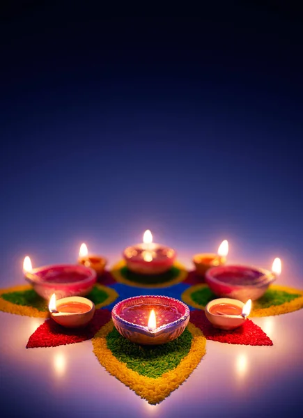Happy Diwali Diya Oil Lamps Colorful Rangoli Copy Space — Stock Photo, Image