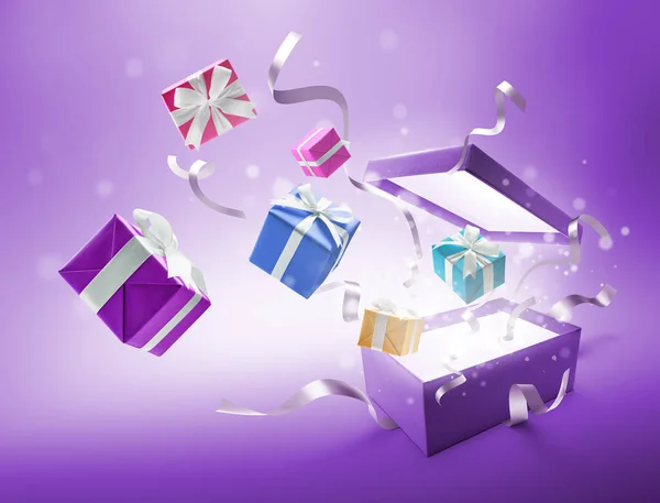 Bänder Und Geschenke Platzen Aus Lila Farbe Heraus Offene Geschenkbox — Stockfoto