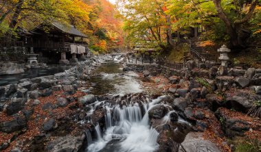 Sonbahar ağaçlar arasında Japonya banyoları