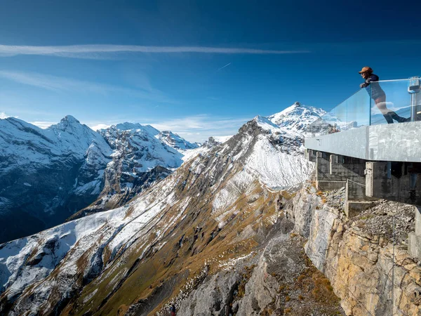 スイスのアルプスの山の風景の中にガラスフェンスでポーズをとる女性 — ストック写真