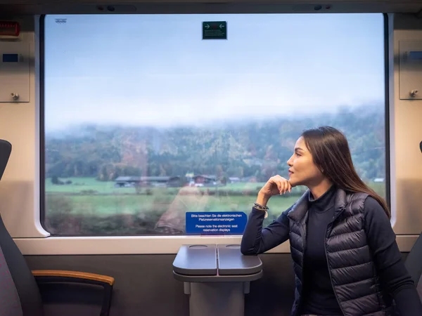 Woman Sitting Window Train Beautiful Nature View — Stock Photo, Image