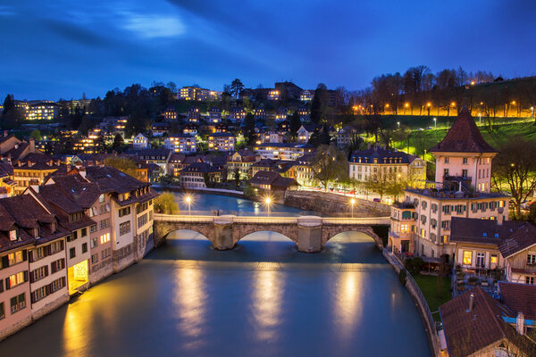 Beautiful evening illumination in Bern, capital city of Switzerland