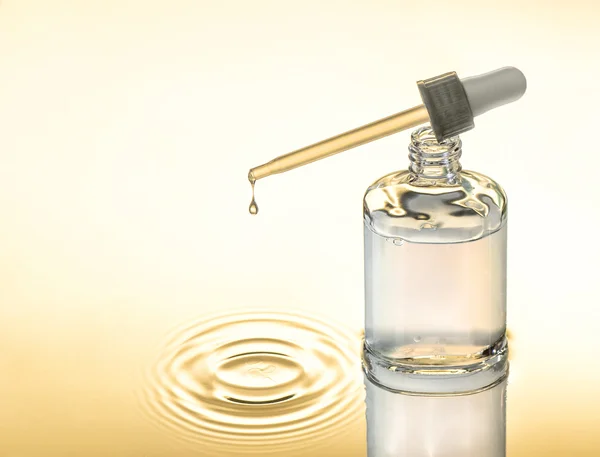 Moisturizing serum for dry skin, yellow background, pipette with drop, splash. — Stock Photo, Image