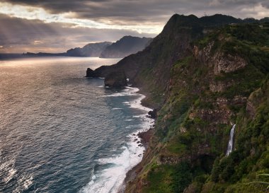Madeira island, Portugal, Europe, sunset, rocky coastline, waterfalls clipart