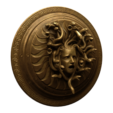 3D parlak metal Medusa kalkanı izole edildi.