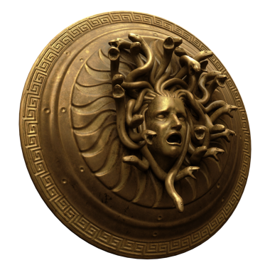 3D parlak metal Medusa kalkanı izole edildi.