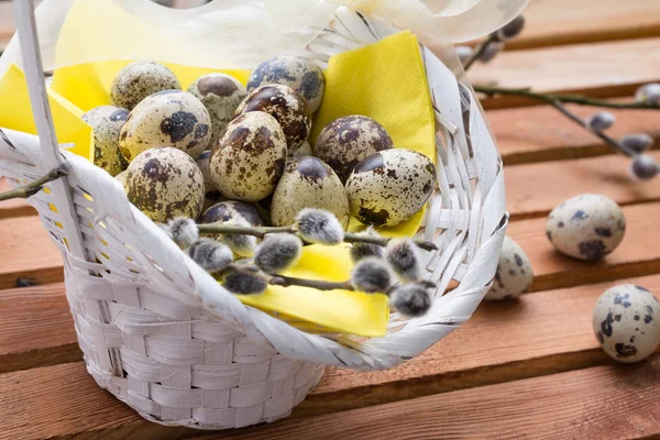 Quail eggs in white wicker basket. Easter background — Stock Photo, Image