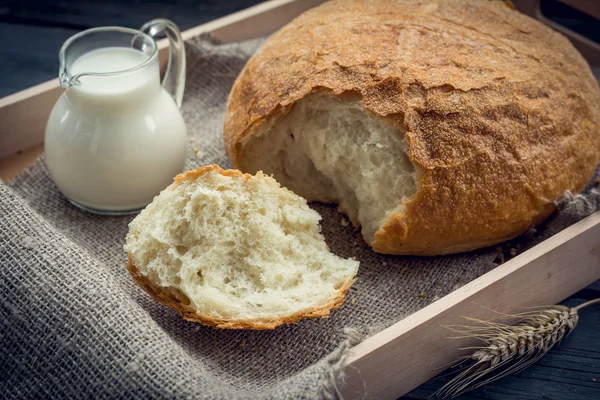 Свежеиспеченный многозерновой хлеб с кувшином молока — стоковое фото