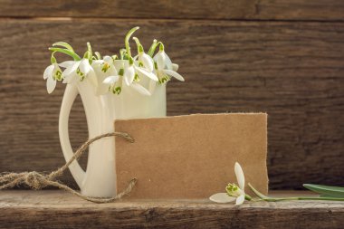 Metin ve buket kardelen ahşap arka plan üzerinde boş kartı