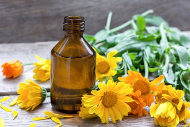 Calendula petrol eski ahşap masa üzerinde bir cam şişe