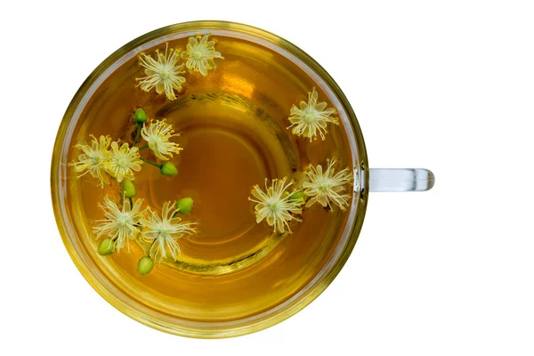 Glass cup of tea with linden flowers isolated on white — Stock Photo, Image