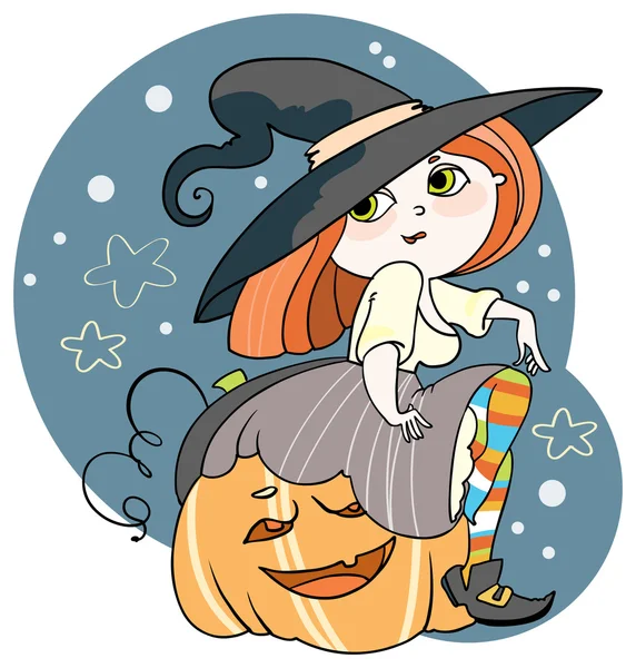 Joven bruja y calabaza — Vector de stock