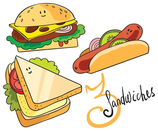 3 funny sandwiches — Stock Vector