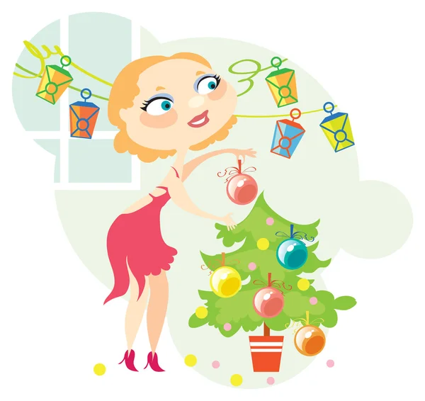 Blonde décore un sapin de Noël — Image vectorielle