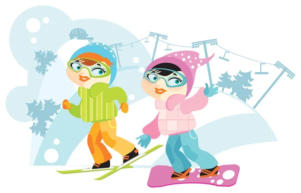 Két lány a síléc és snowboard — Stock Vector