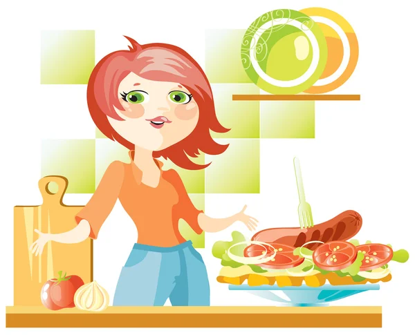 Mujer en la cocina — Vector de stock